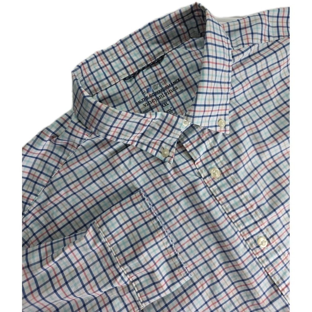 Vineyard Vines Shirt Mens 2XL Blue Pink Plaid OTG Performance Stretch Quick Dry